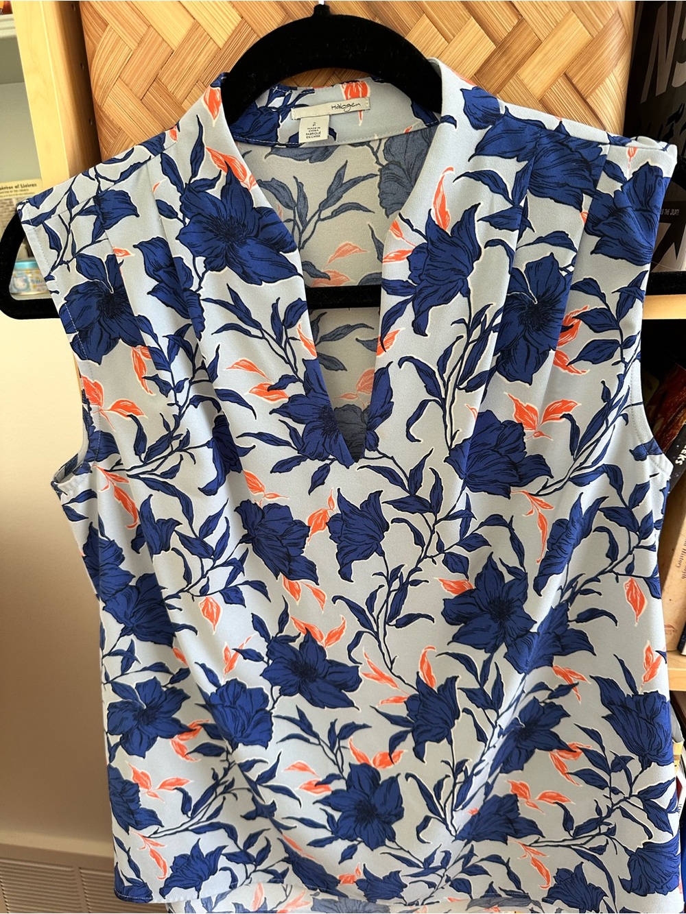 Halogen Sleeveless Floral V-Neck Blouse in Light Blue, Navy and Coral
